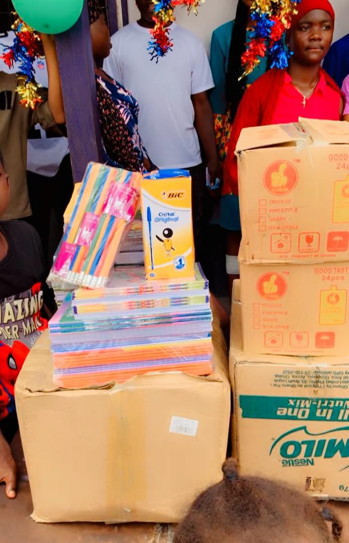 Stacks of exercise books and pens donated for schoolchildren